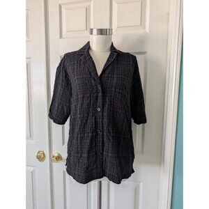COS Top Women Seersucker Black Plaid Camp Shirt Button XS( Over Sz) 10 ( True )